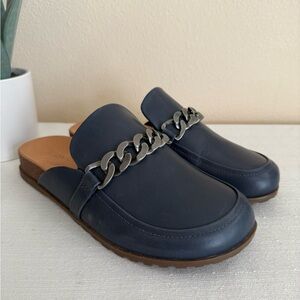 VIONIC Georgie Navy Leather Chain Orthotic Cork Mule Loafers